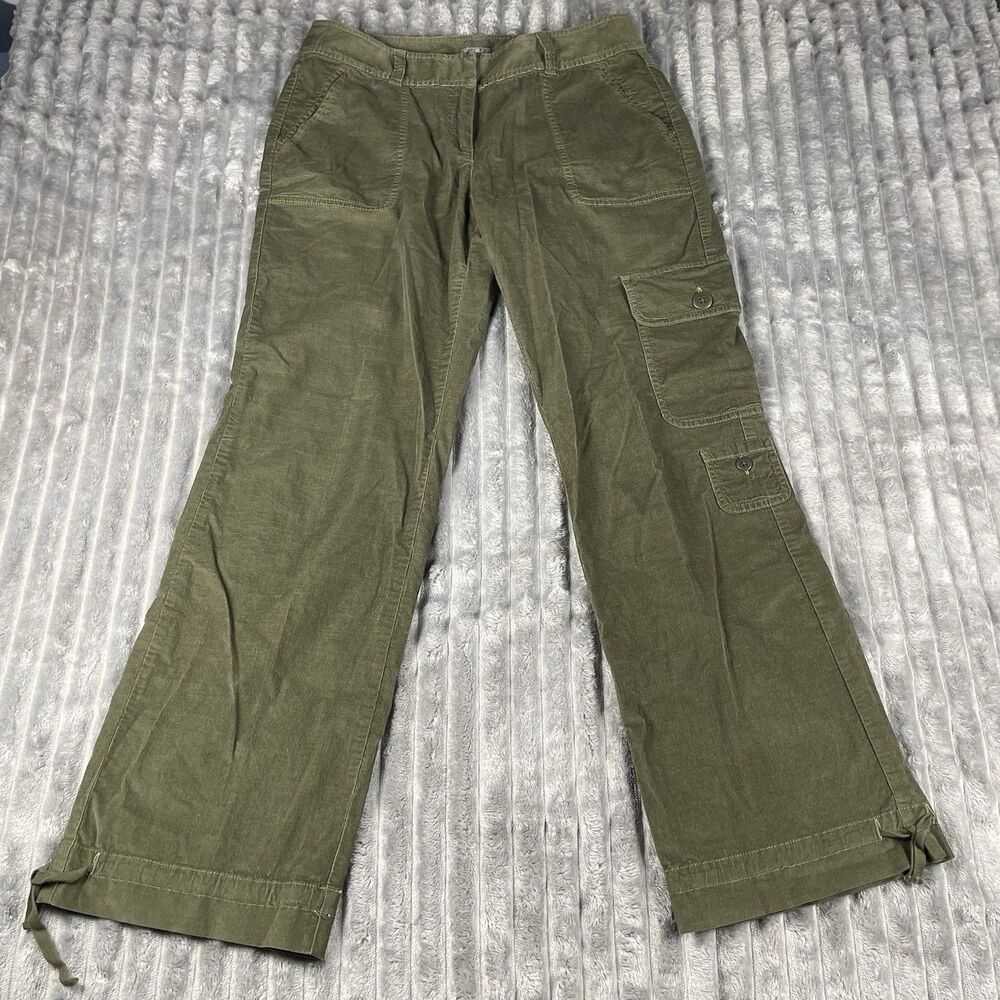 J Jill Wide Leg Corduroy Cargo Pants 10 Moss Green Tie Hem Cottage Stretch *FLAW